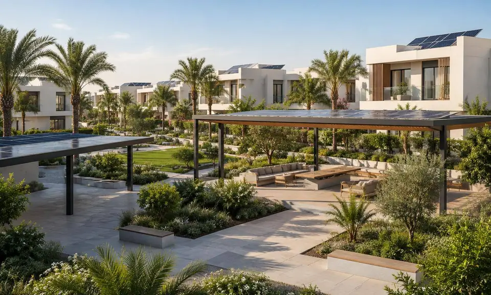 لإدارات المجمعات: برنامج موحّد للسكان بتصاميم معتمدة مسبقًا، يوم مسح مجمّع، شحن مشترك للسيارات الكهربائية، وتقرير أثر بيئي للمجتمع.